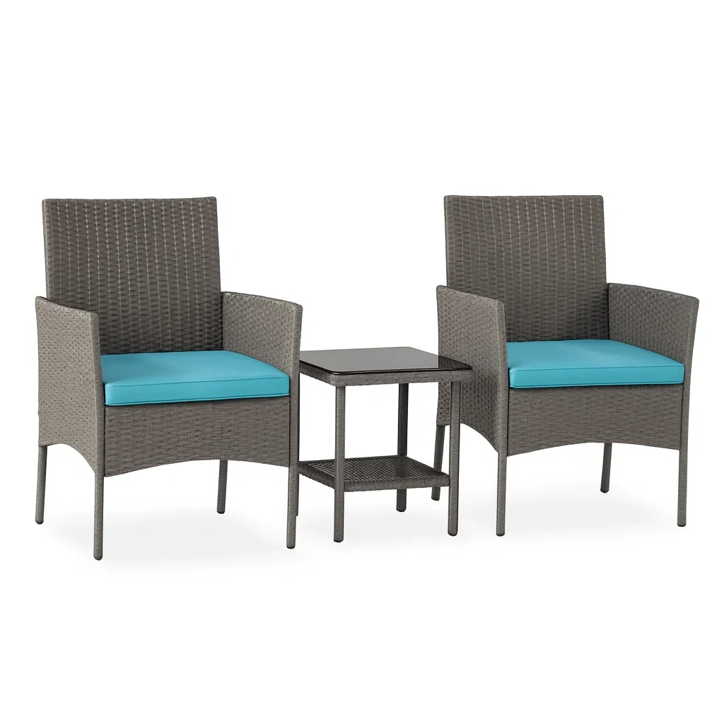 Polyrattan Gartenmöbel-Set mit 2 Stühlen und Tisch, Grau/Blau-decorvoria
