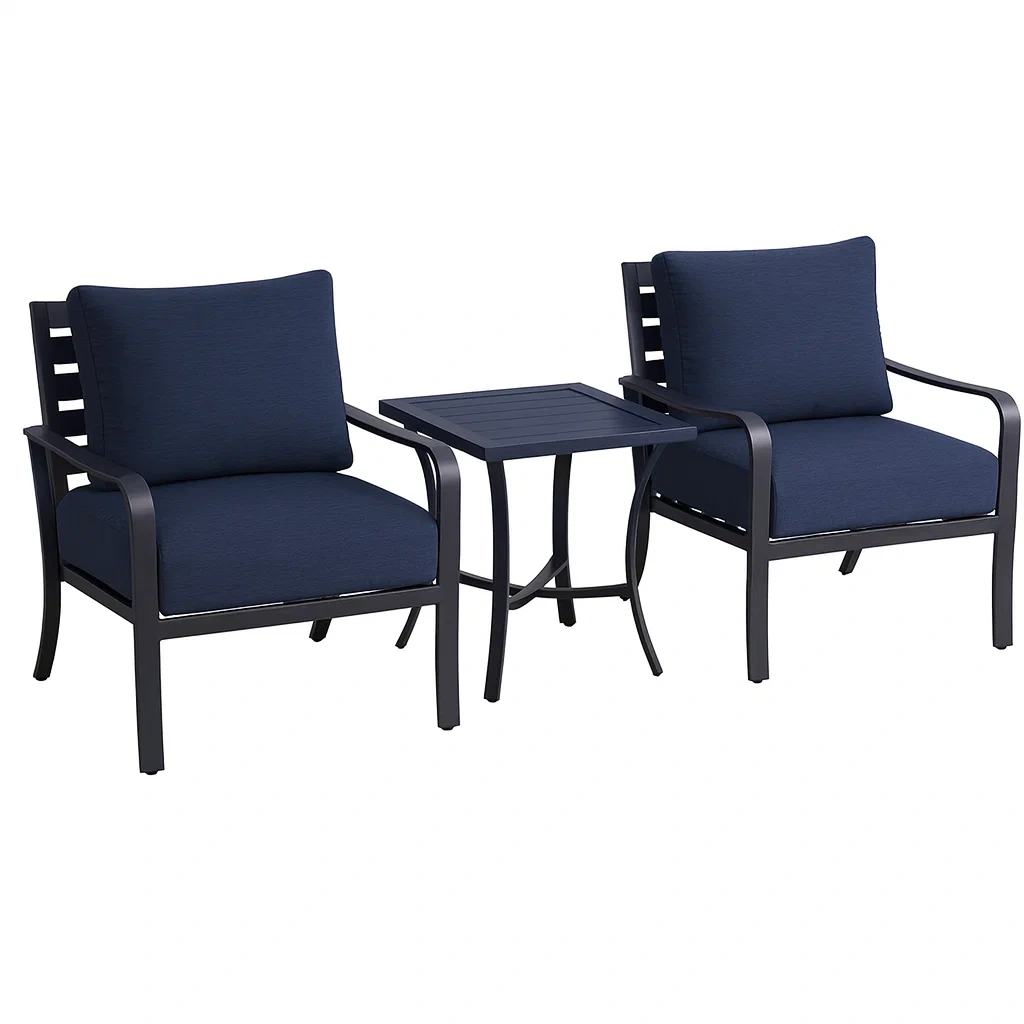 Gartenmöbelset 2 Sessel aus Aluminium mit Kissen und Beistelltisch Dunkelblau-decorvoria