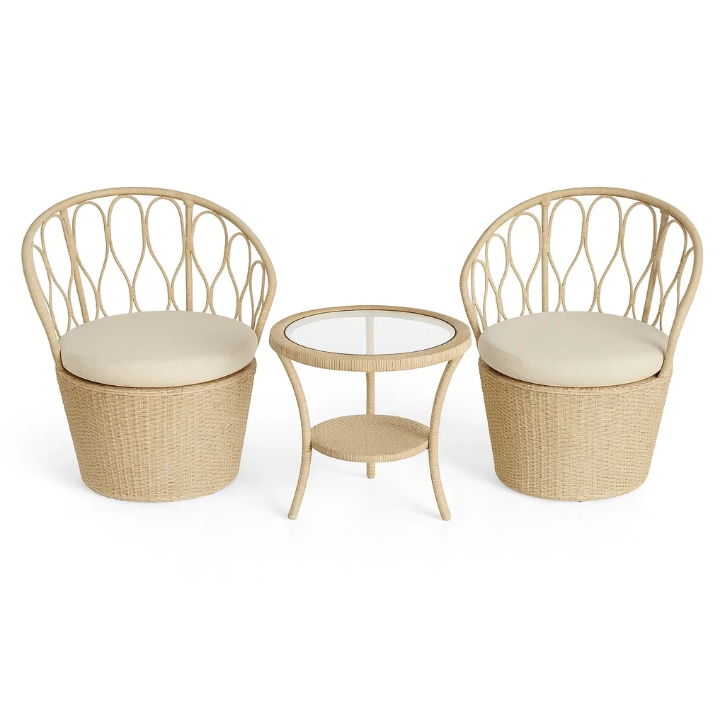 Rattan Gartenmöbel Set mit 2 Sesseln und Tisch Beige-decorvoria