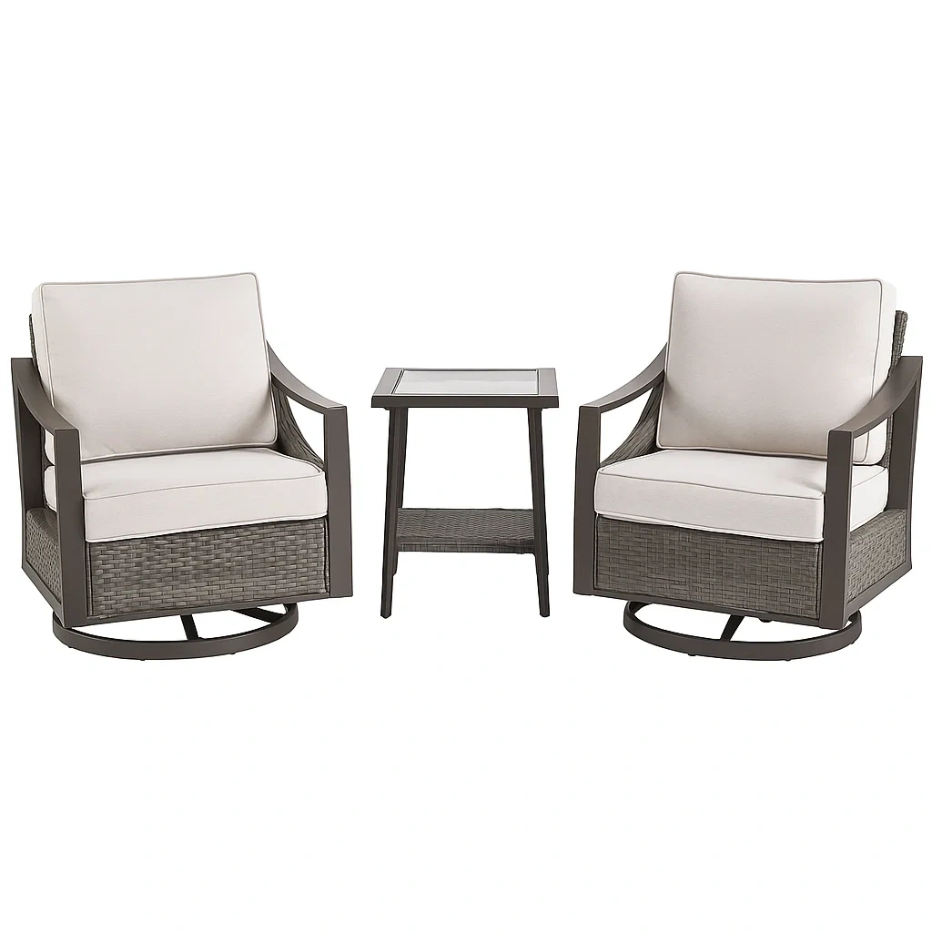 Gartenmöbel-Set aus Aluminium und Rattan mit Drehsesseln und Beistelltisch, Beige Kissen-decorvoria