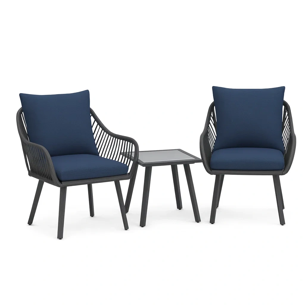 Aluminium Gartenmöbel-Set mit blauen Kissen, 2 Stühle und 1 Tisch-decorvoria