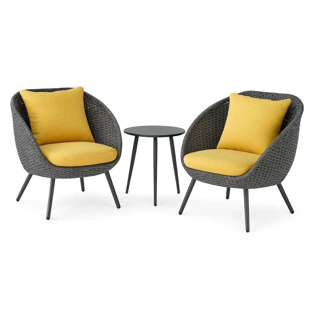 Gartenmöbel-Set 2 Sessel mit Beistelltisch Aluminium PE-Rattan Grau/Schwarz Gelbe Kissen-decorvoria