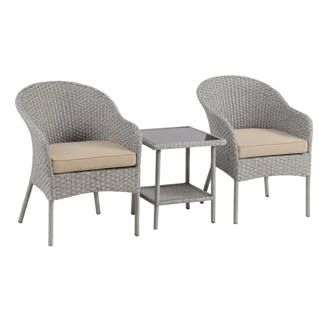 3-teilige Rattan-Garnitur mit Tisch und Glasplatte-decorvoria