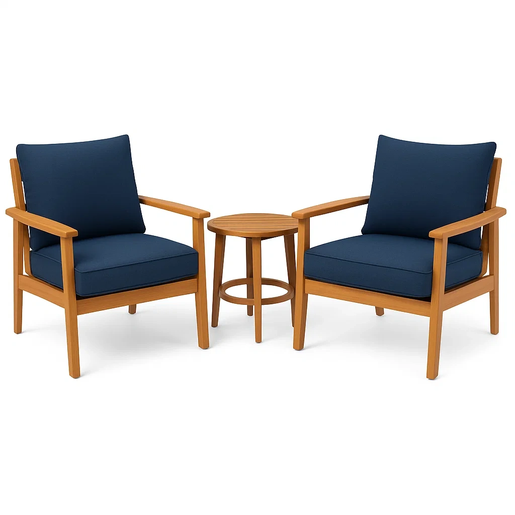 Garten-Lounge-Set mit 2 Sesseln aus Holz und blauen Kissen-decorvoria
