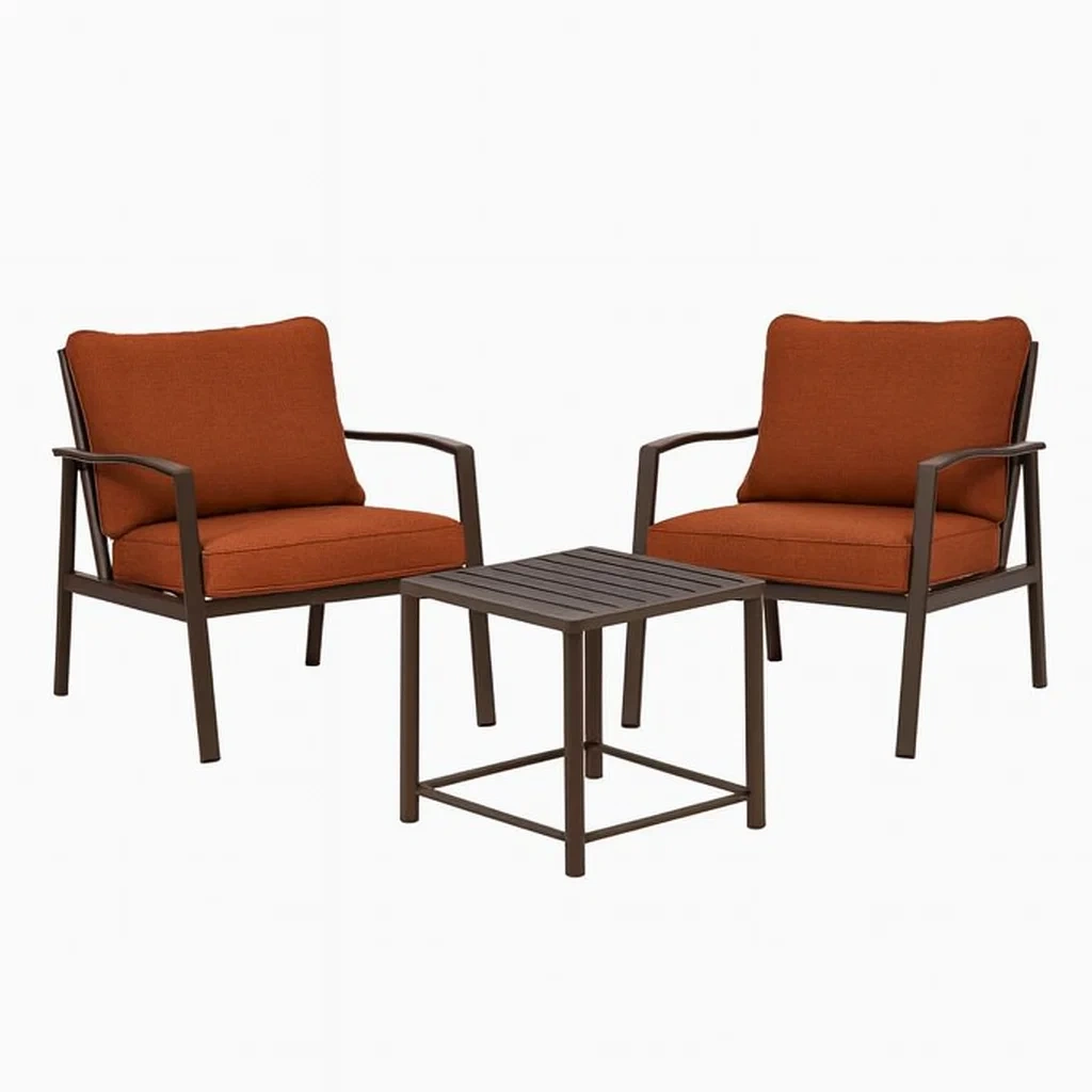 Gartenmöbel Set aus Metall mit Rostfarbenen Textilkissen, 2 Sessel und Tisch-decorvoria