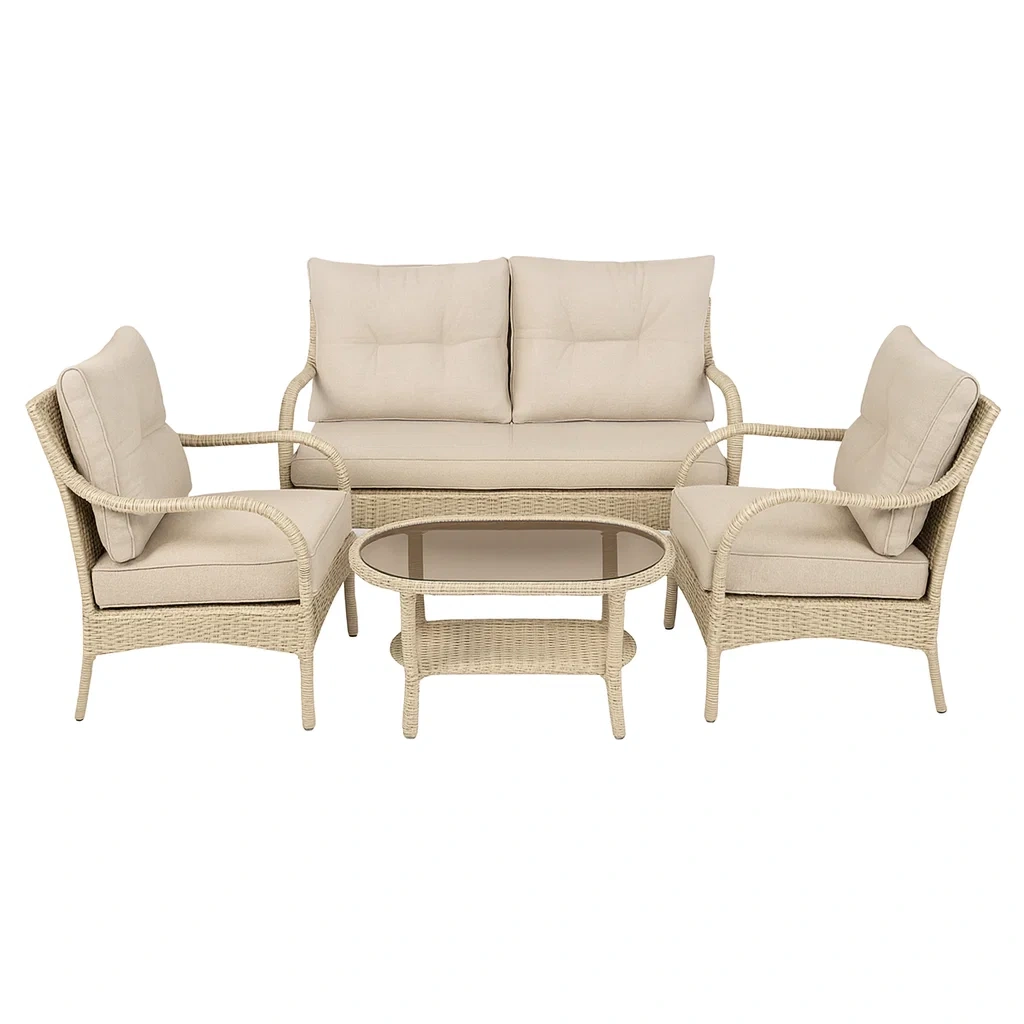 4-teiliges Gartenmöbel-Set aus Polyrattan mit Glasplatte Beige-decorvoria