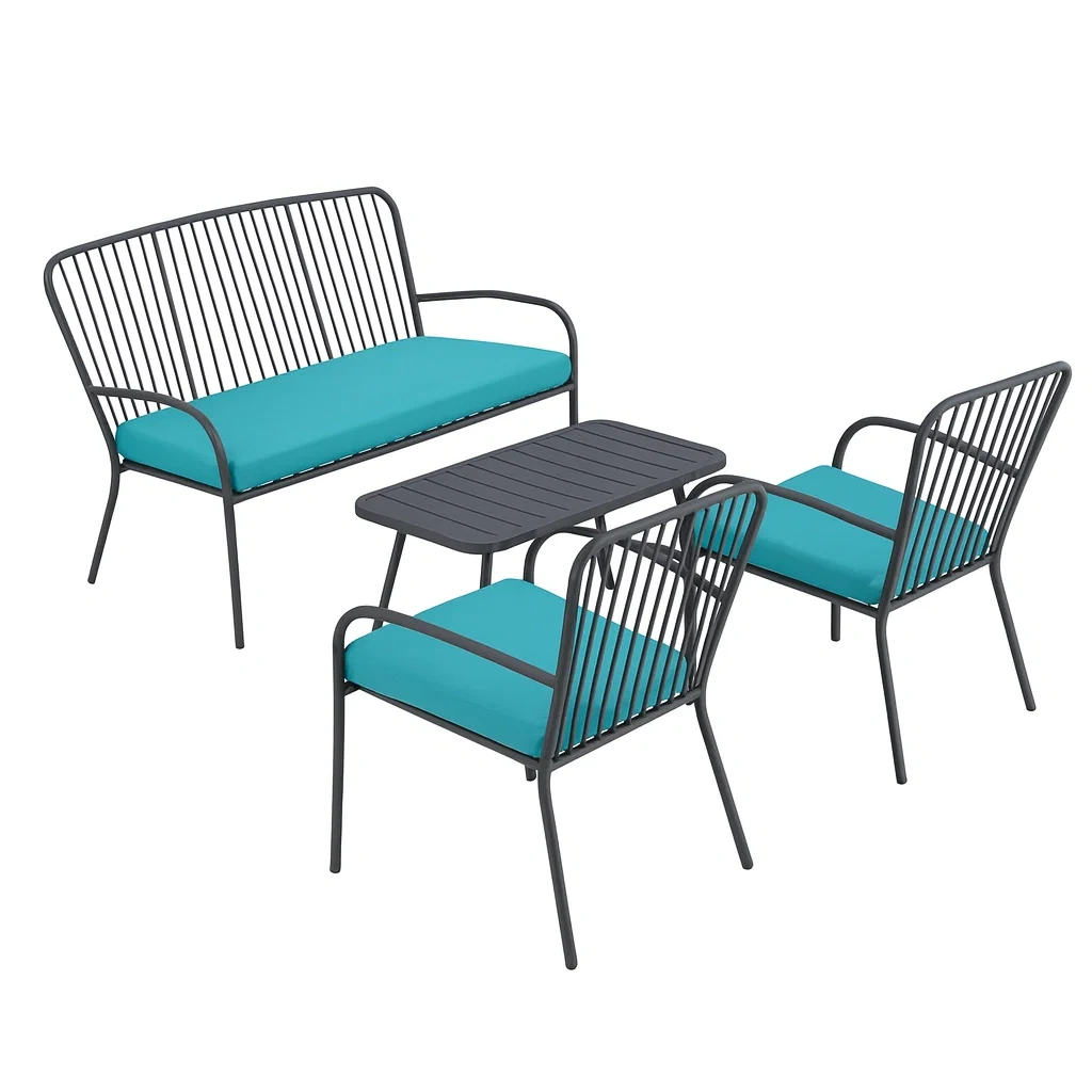 Metall Gartenmöbel-Set mit Türkis Kissen, 4-teilig-decorvoria