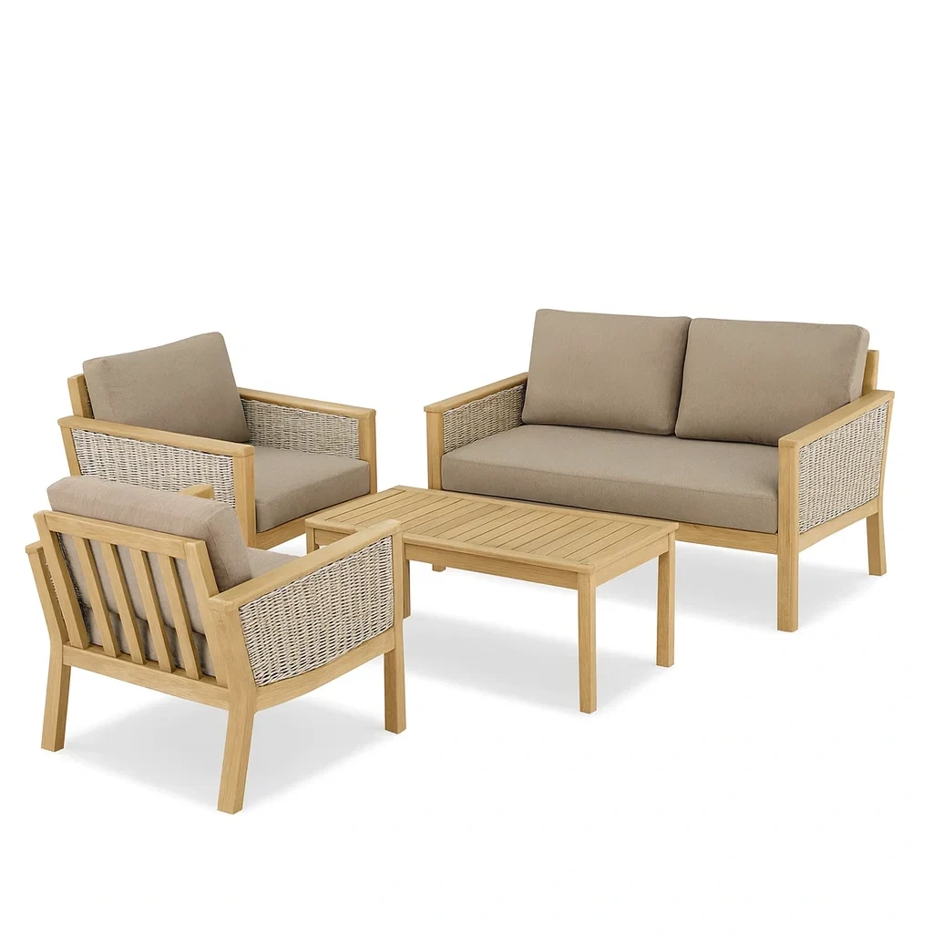 Gartensofa-Set aus Holz mit Polyester-Kissen und Rattangeflecht Braun-decorvoria