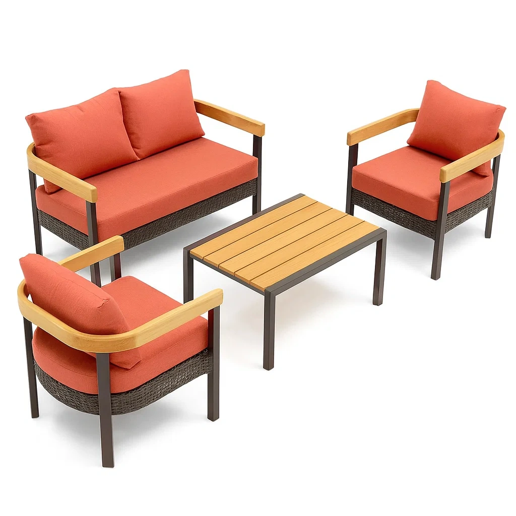 Garten-Lounge-Set aus Stahl, Holz und Rattan mit orangefarbenen Kissen-decorvoria