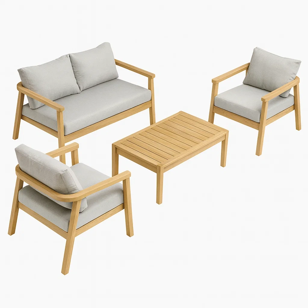 Eukalyptusholz Gartenmöbel-Set mit Tisch und grauen Polstern-decorvoria
