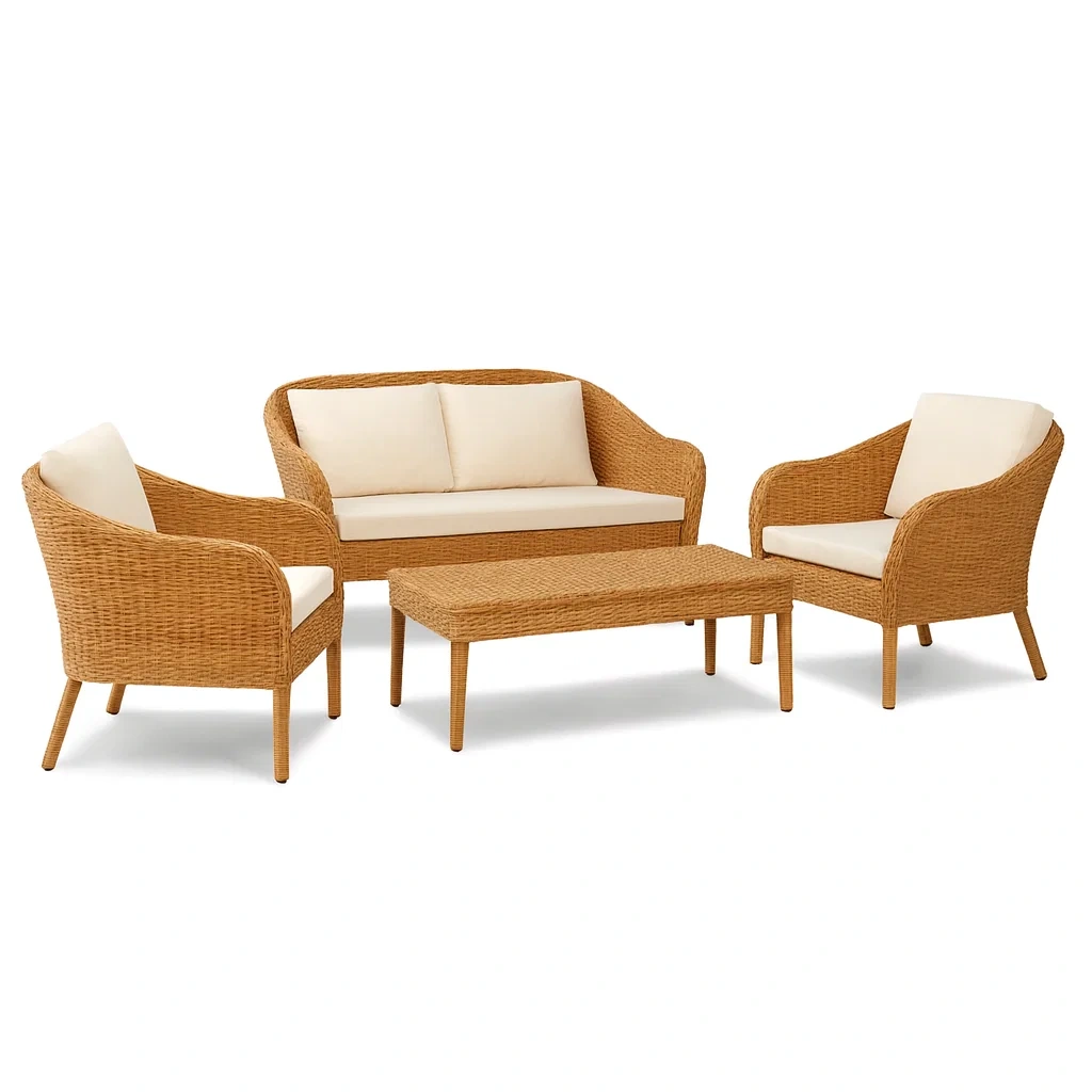 Rattan Gartenmöbel Set Hellbraun Beige Polster 2-Sitzer Sofa Stühle Tisch-decorvoria