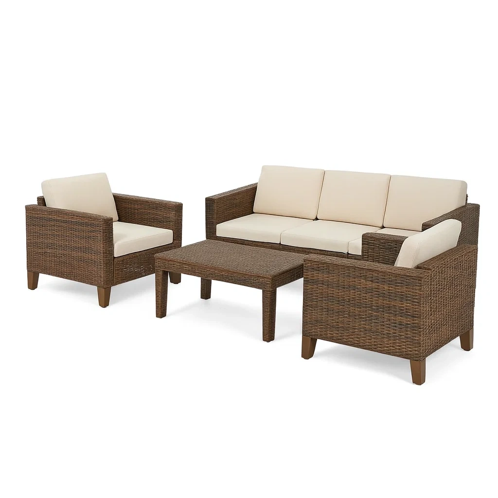 Rattan-Gartenmöbelset mit Sofa und zwei Sesseln, Braun und Creme-decorvoria