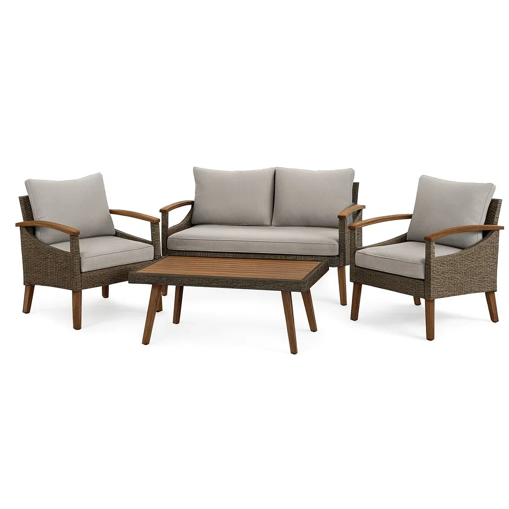 4-teiliges Gartenmöbel-Set aus Rattan mit Tisch und Kissen-decorvoria