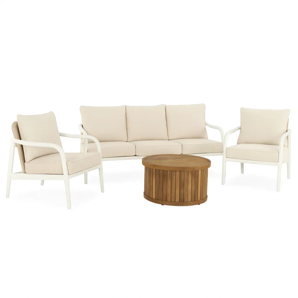 Gartenmöbel-Set: 3-Sitzer Sofa, 2 Sessel, runder Tisch aus Teakholz, Creme, Aluminiumrahmen, Polyesterkissen-decorvoria