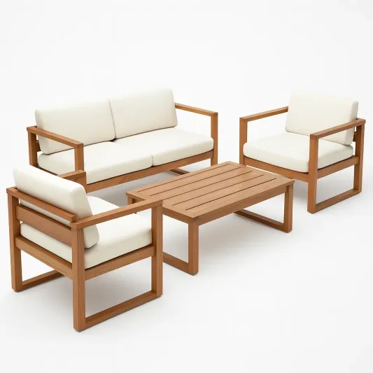 Gartenmöbel Set aus Teakholz mit Cremefarbenen Kissen, 2-Sitzer, Sessel und Couchtisch-decorvoria