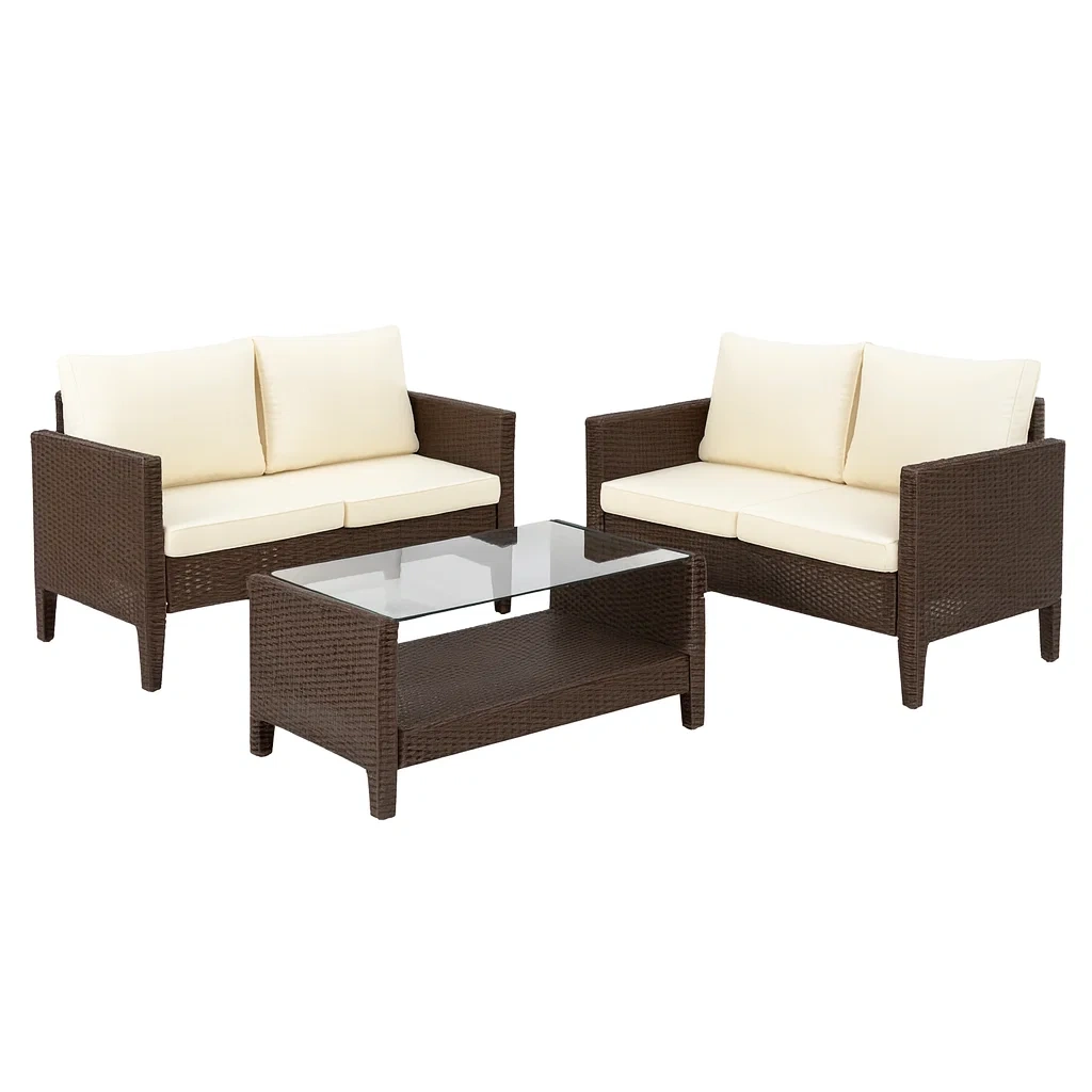 4-teiliges Gartenmöbelset aus Polyrattan mit Tisch aus Sicherheitsglas Braun/Beige-decorvoria