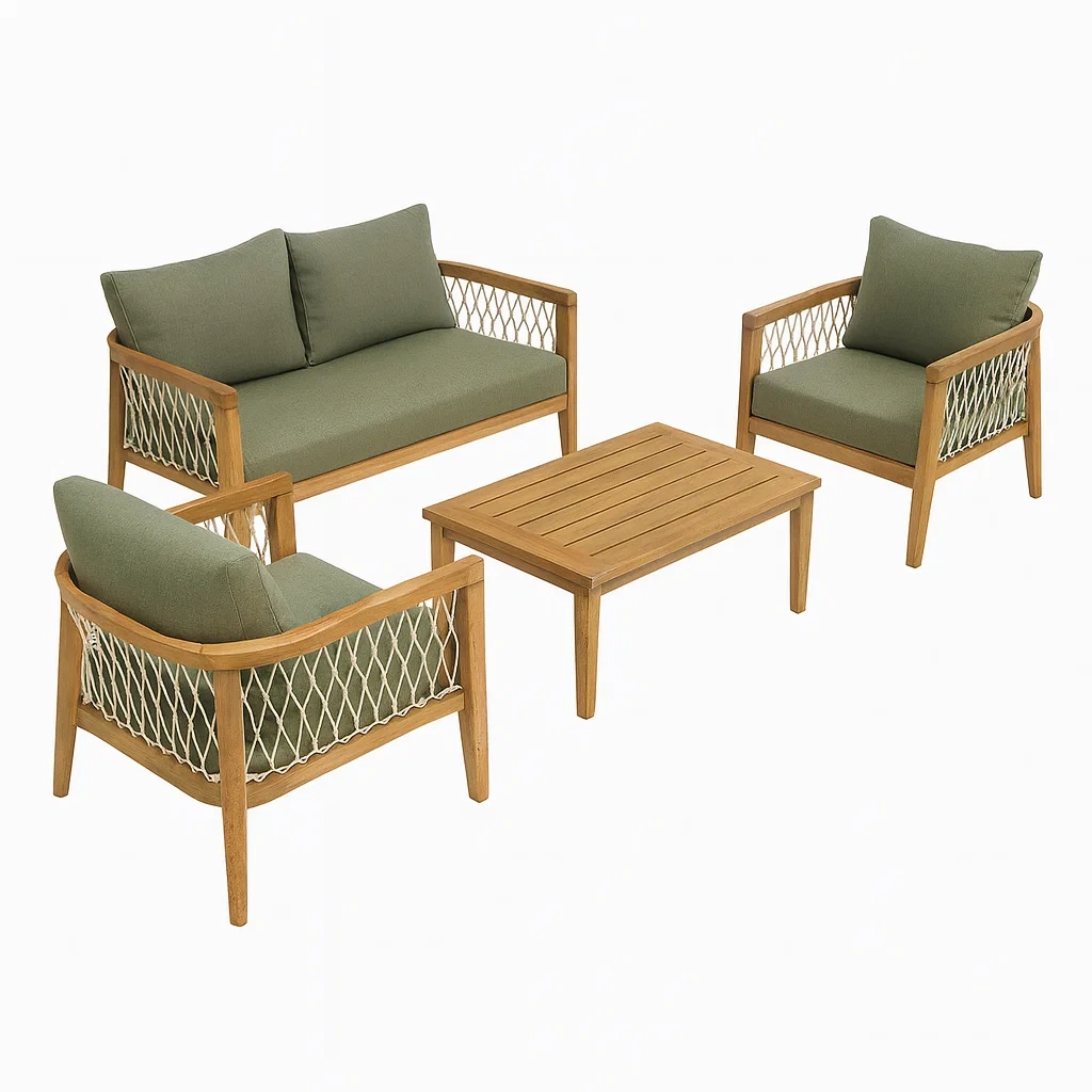 4-teiliges Gartenset aus Eukalyptusholz mit grünem Polyester-decorvoria