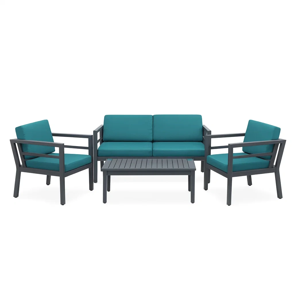 4-teiliges Aluminium-Sitzset mit Sesseln, Sofa und Tisch Petrol-decorvoria