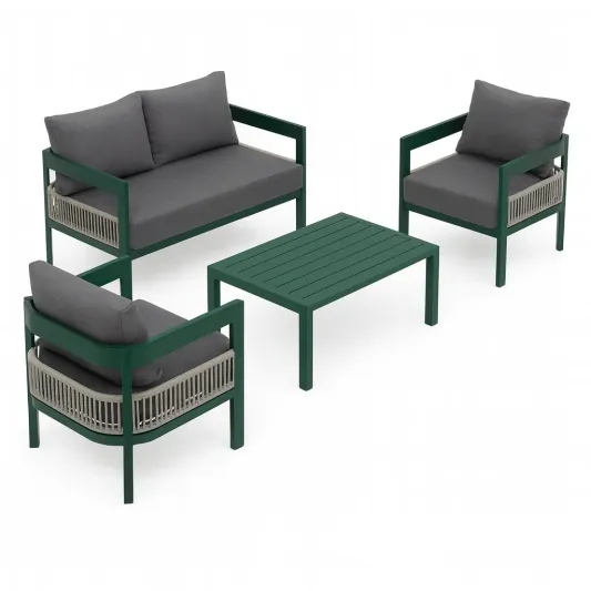4-teiliges Gartenset Aluminium Dunkelgrün/Grau mit Kissen-decorvoria