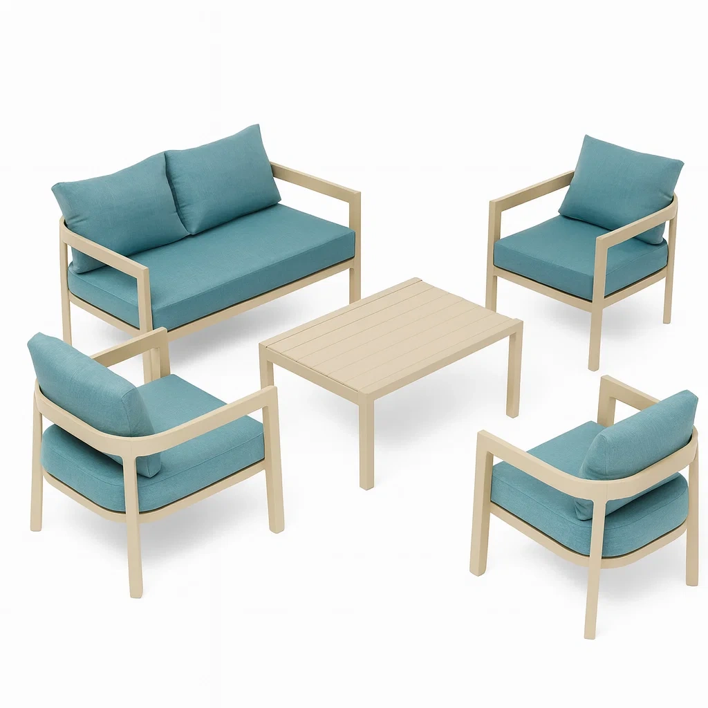 5-teiliges Gartenmöbel-Set aus Aluminium und Polyester, Beige und Türkis-decorvoria