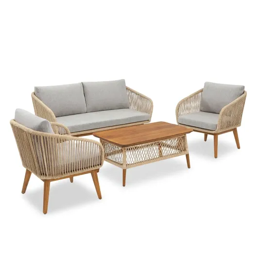 4-teiliges Gartenmöbel-Set Holz Graue Kissen Naturseil-decorvoria