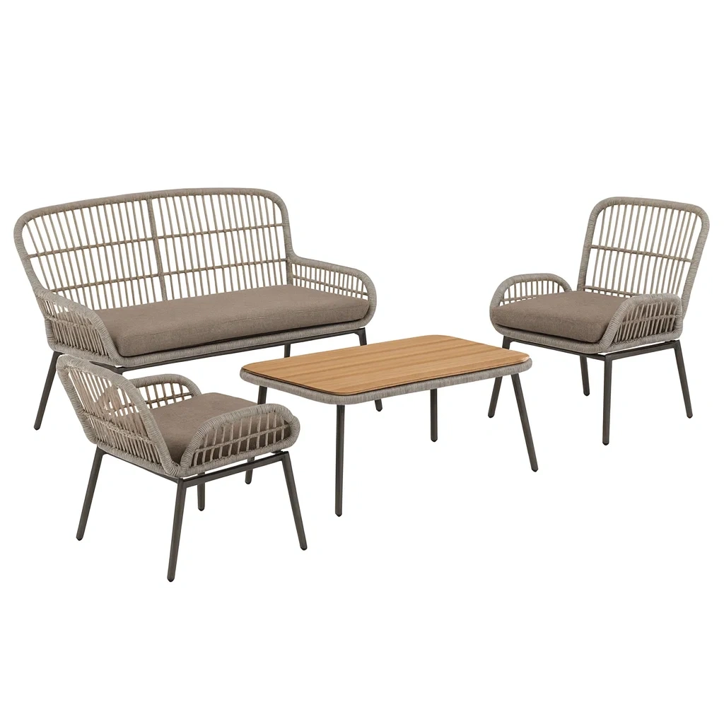 4-teiliges Gartenmöbel-Set aus Rattan mit Holztischplatte-decorvoria
