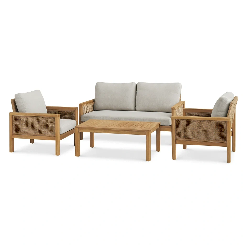Gartensofa-Set aus Teakholz mit Rattan und Polyesterkissen 4-teilig-decorvoria