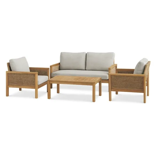Gartensofa-Set aus Teakholz mit Rattan und Polyesterkissen 4-teilig-decorvoria