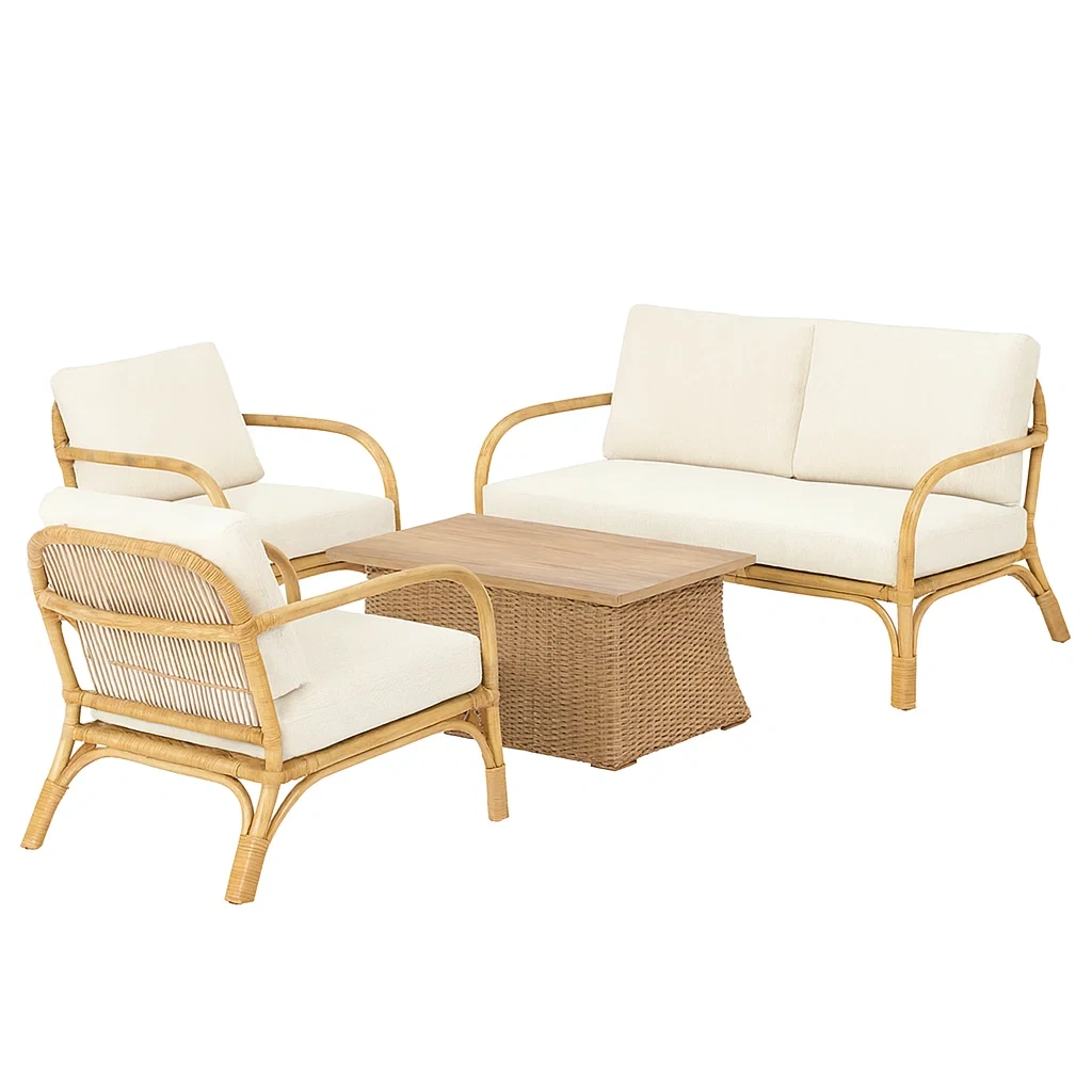 Rattan-Gartenset mit beigem Polyesterbezug-decorvoria