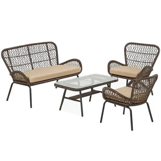 Gartenmöbel Set aus Metall und PE-Rattan mit gehärtetem Glas und Polyesterkissen Braun/Beige-decorvoria