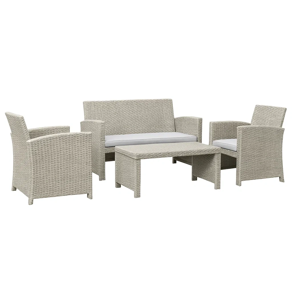 4-teiliges Gartenmöbel-Set aus Polyethylen-Rattan Hellgrau mit Polyesterkissen-decorvoria