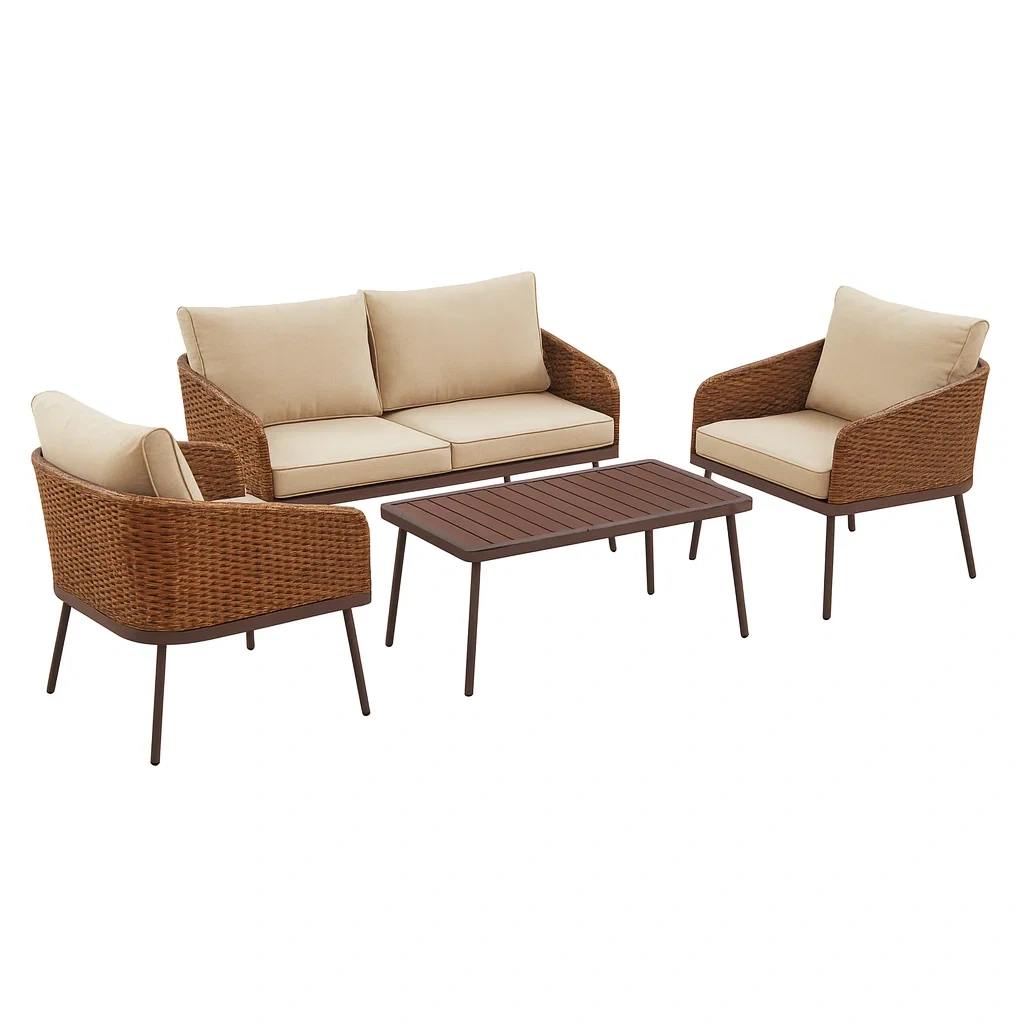 Gartenmöbel-Set Rattan Braun/Beige 2-Sitzer Sofa Sessel Tisch Aluminium-decorvoria