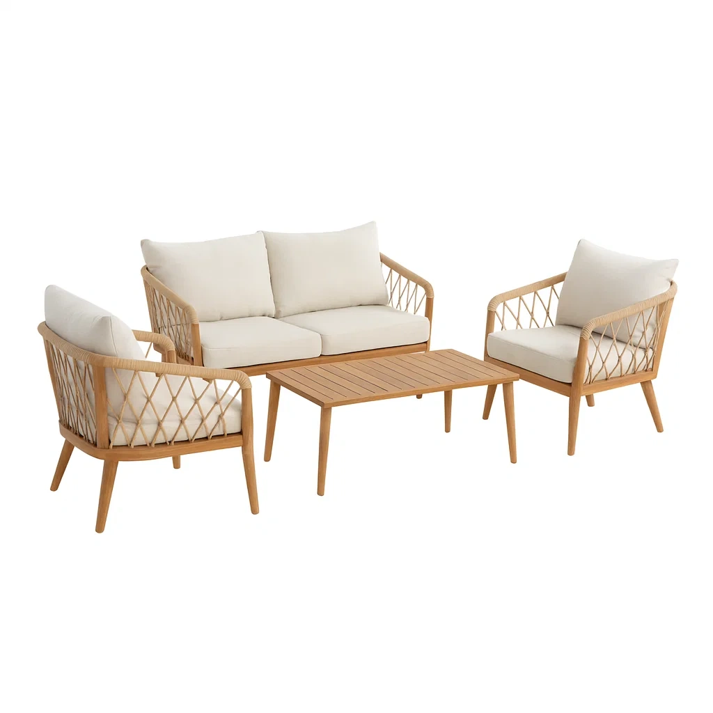 4-teiliges Gartenmöbel-Set Teak Rattan Cremeweiß-decorvoria