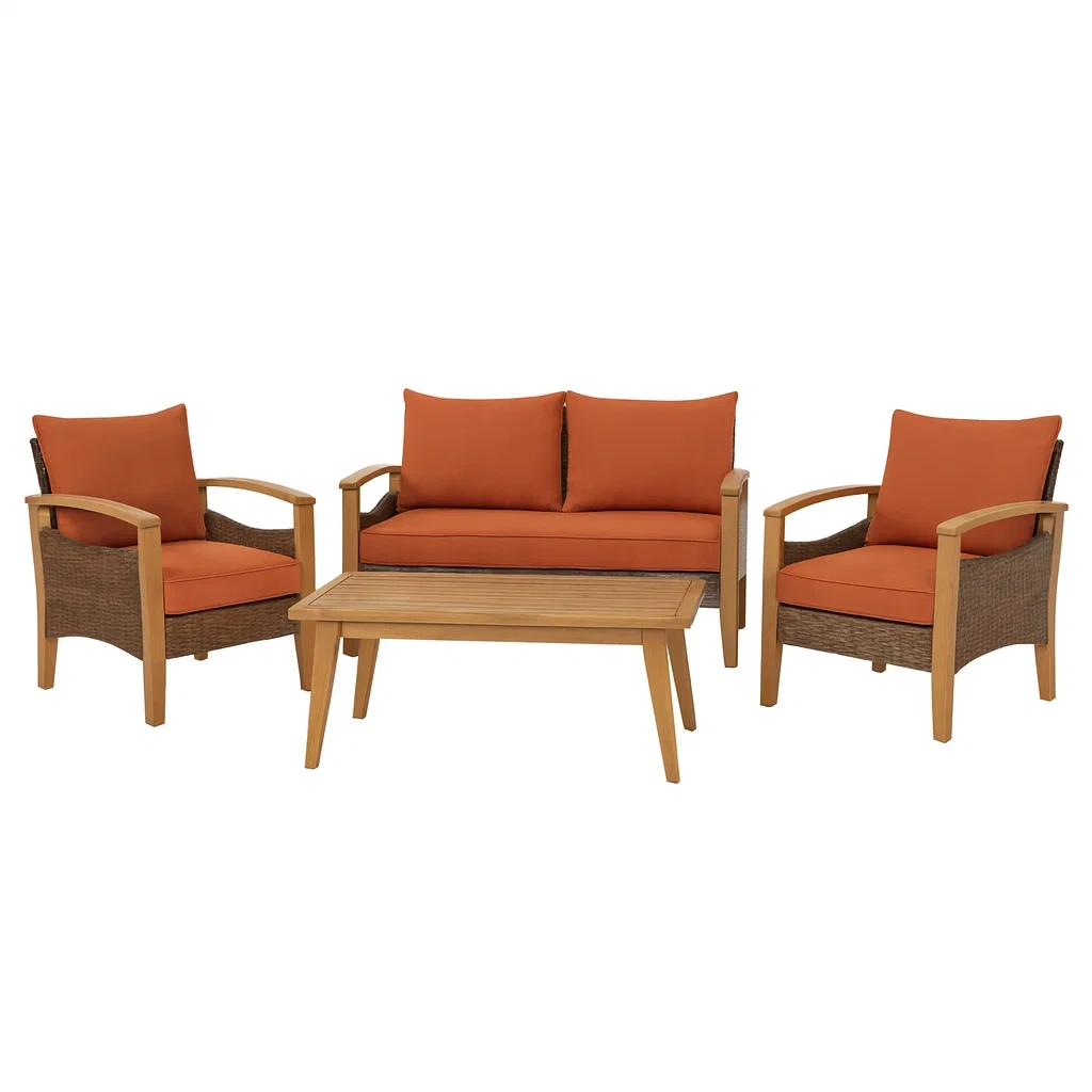 4-teiliges Gartenmöbel-Set aus Holz und Rattan mit Polster in Orange-decorvoria