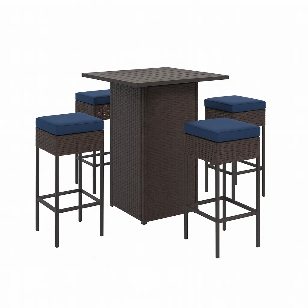 Garten Bar Set mit Tisch und 4 Hockern Rattan Braun mit blauen Kissen-decorvoria