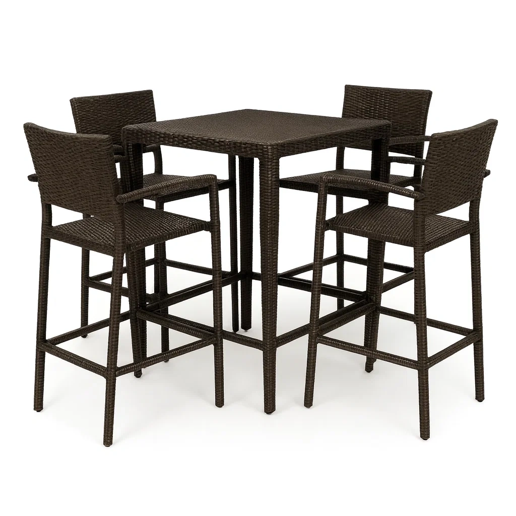 Gartenmöbel Set Hoch Esstisch mit 4 Barhockern Polyethylen Rattan Braun-decorvoria