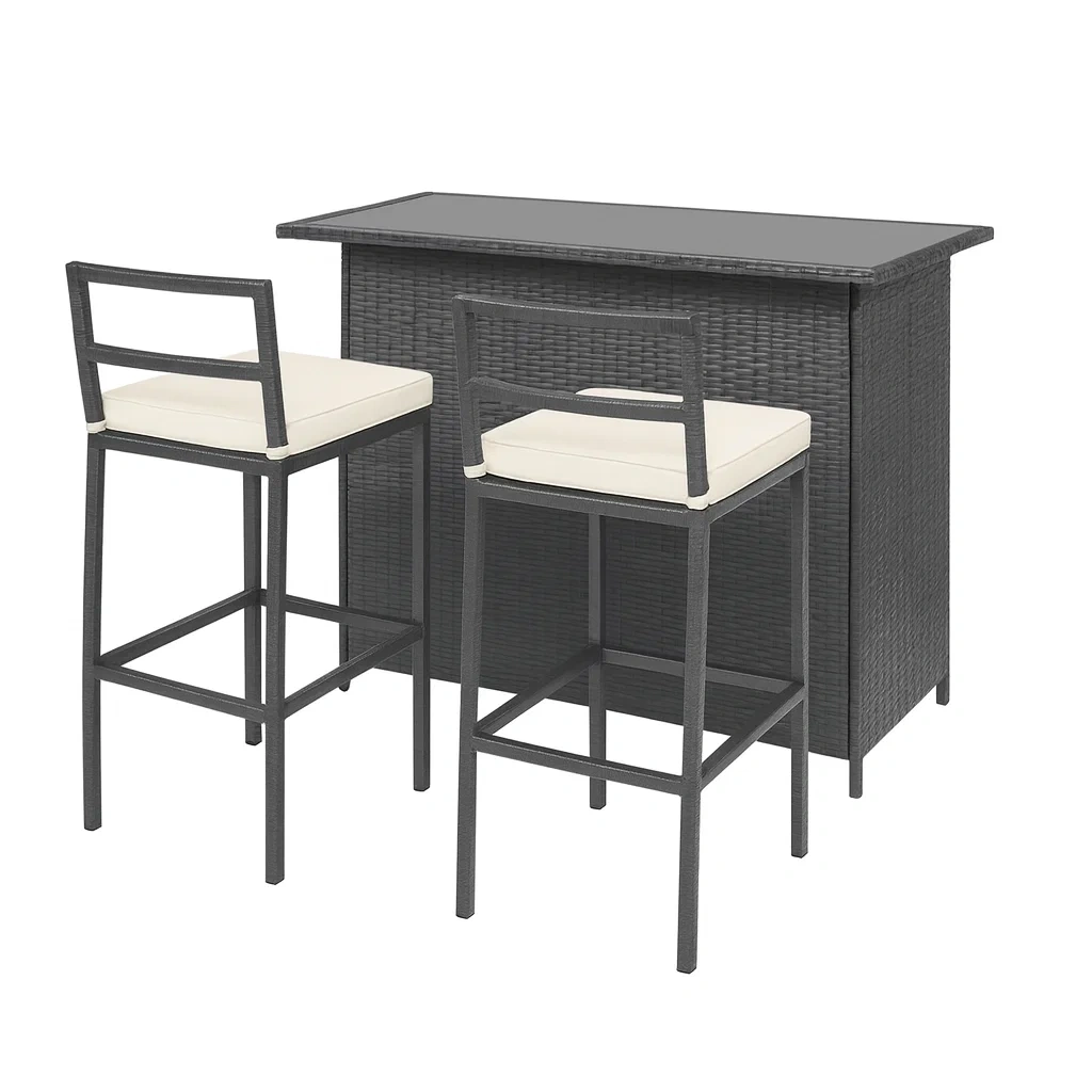 3-teiliges Outdoor-Bartisch-Set Rattan Schwarz mit Kissen-decorvoria