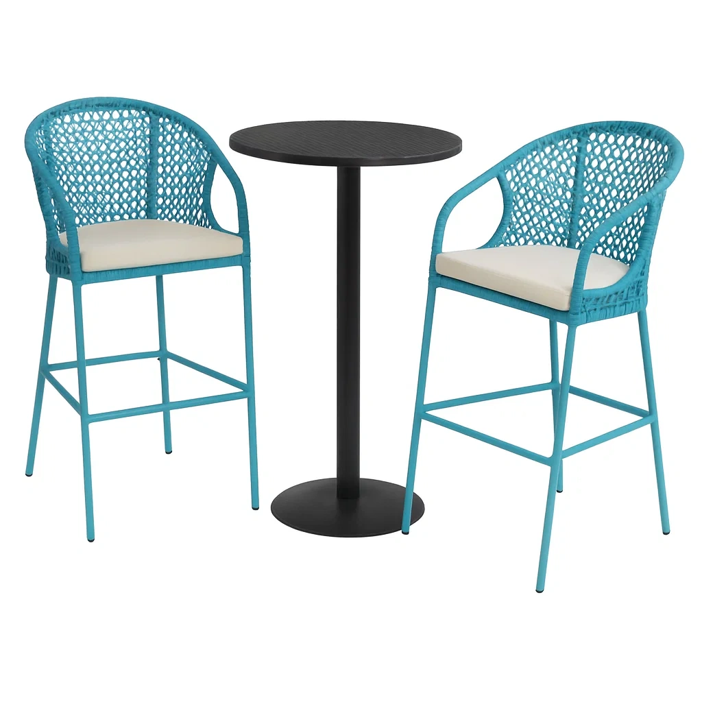 Bistro-Set mit Rundtisch und 2 blauen Barhockern aus Metall und Polyethylen-decorvoria