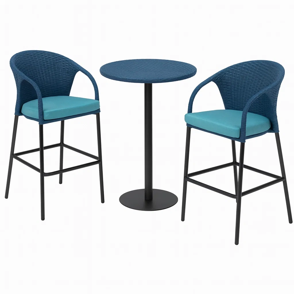 Blaues Bistro-Set aus Metall und Rattan mit Zwei Stühlen und Tisch-decorvoria