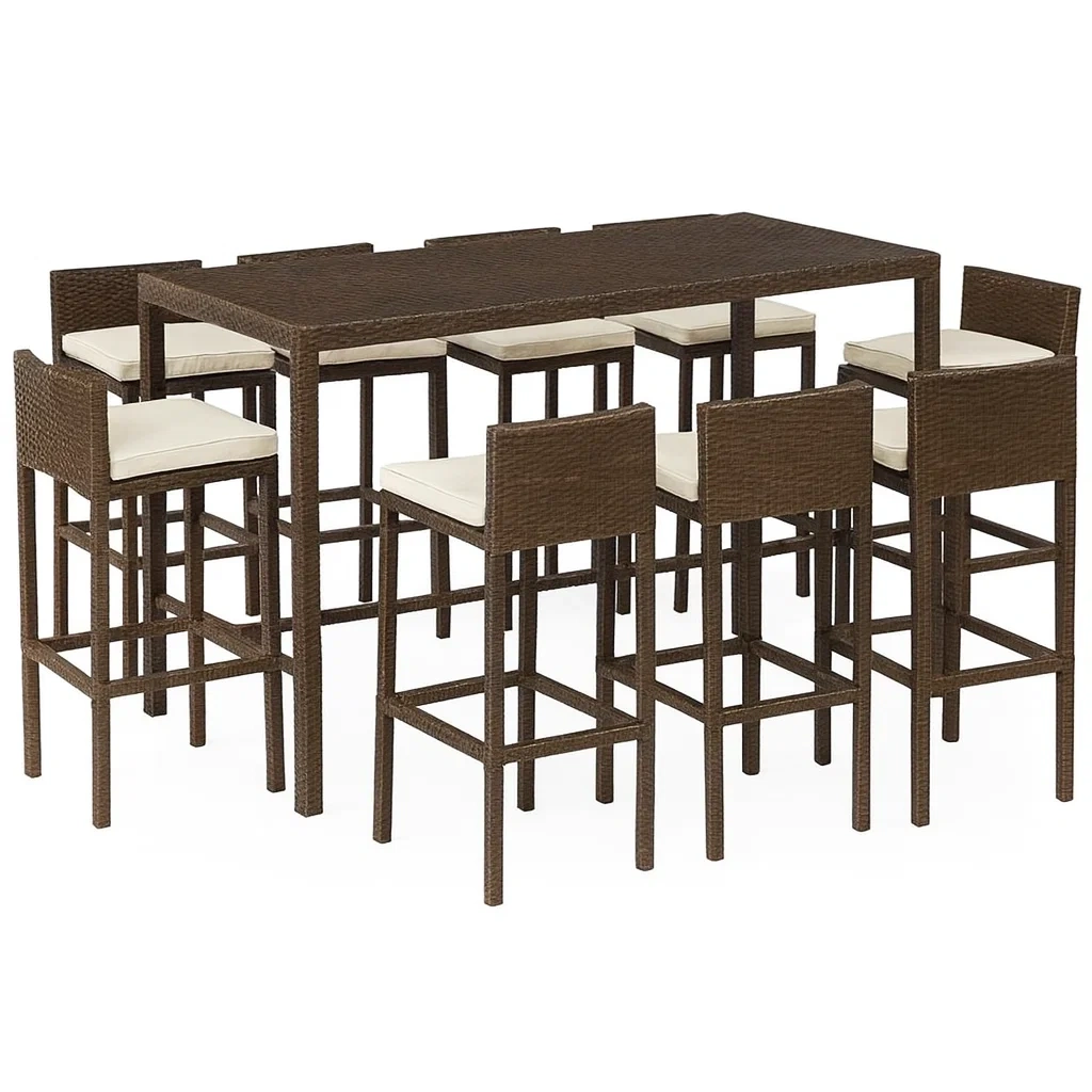 Polyrattan Esstisch-Set mit 8 Hochstühlen und Kissen-decorvoria