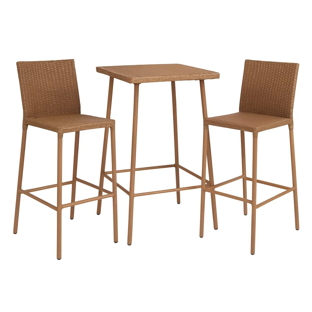 Bar-Set aus Rattan Braun mit Tisch und 2 Hockern-decorvoria