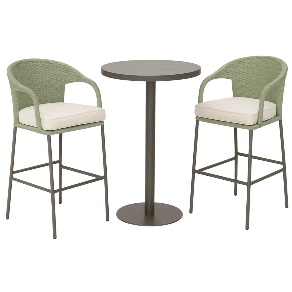 Terrassenset mit Tisch und 2 Barhockern aus Stahl und Poly Rattan-decorvoria