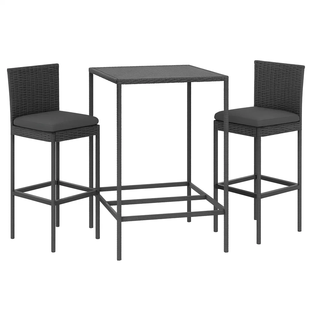 3-teiliges Outdoor-Bar-Set aus Rattan und Stahl, Dunkelgrau-decorvoria