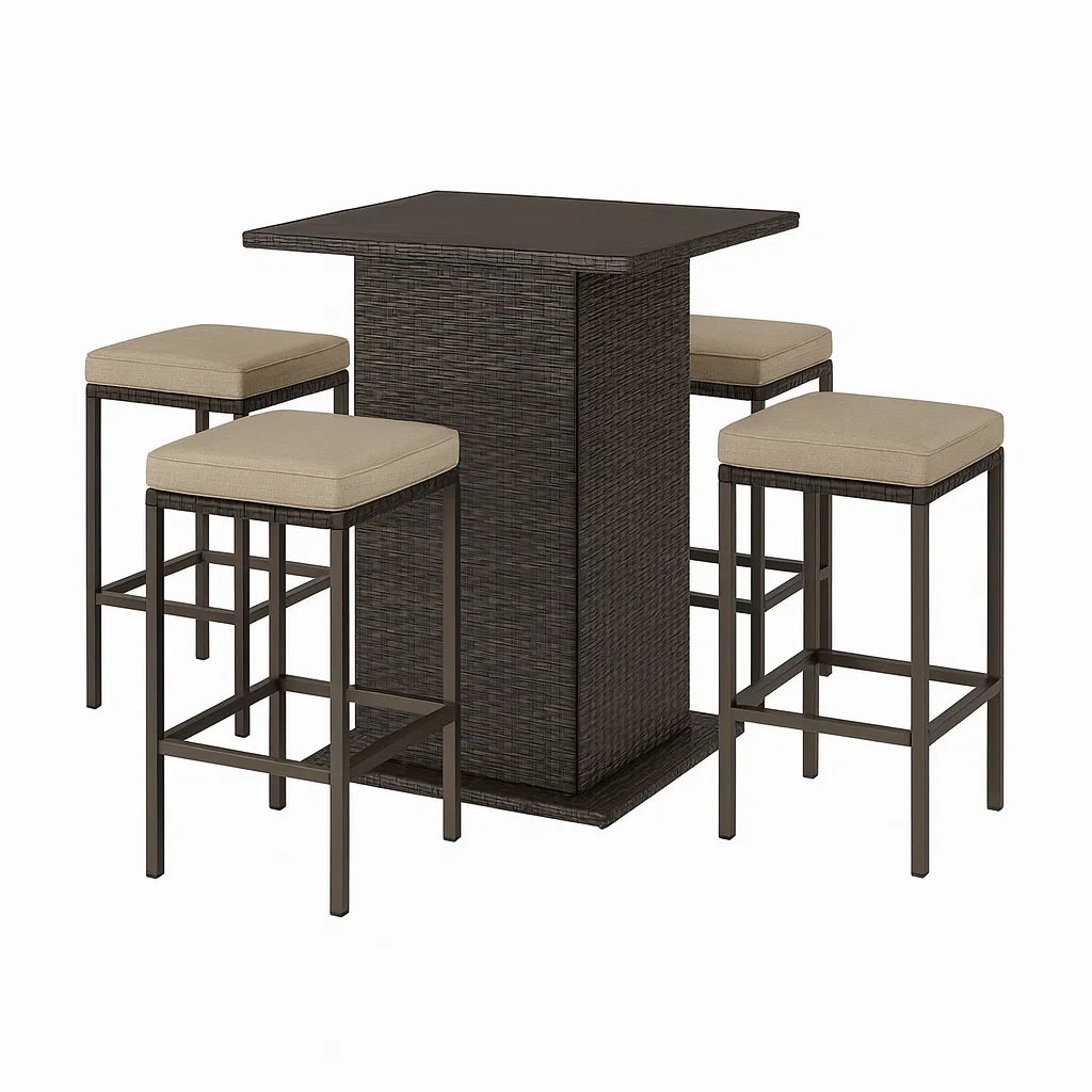 Polyrattan Bartisch-Set mit Hockern, 5-teilig, Dunkelbraun/Beige-decorvoria