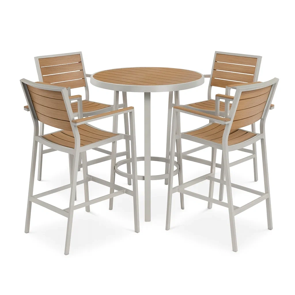 Outdoor Bar-Set aus Aluminium mit Tisch und 4 Stühlen Braun/Silber-decorvoria