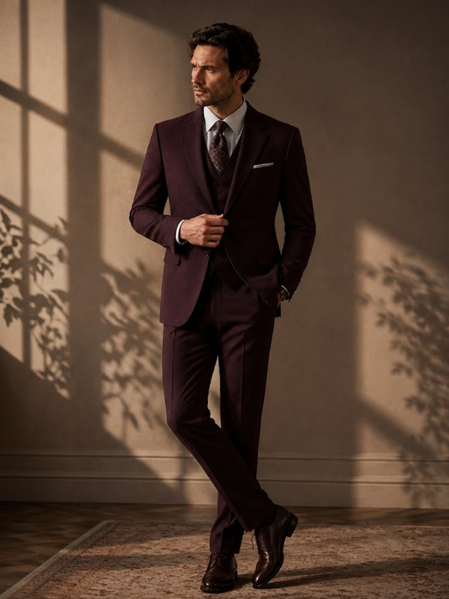 Wool Blend Stretch Burgundy Suit Vest