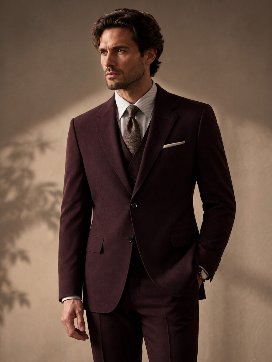 Wool Blend Stretch Burgundy Suit