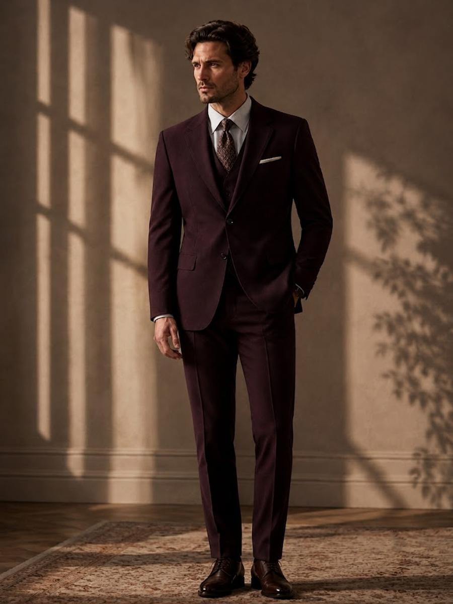 Wool Blend Stretch Burgundy Suit