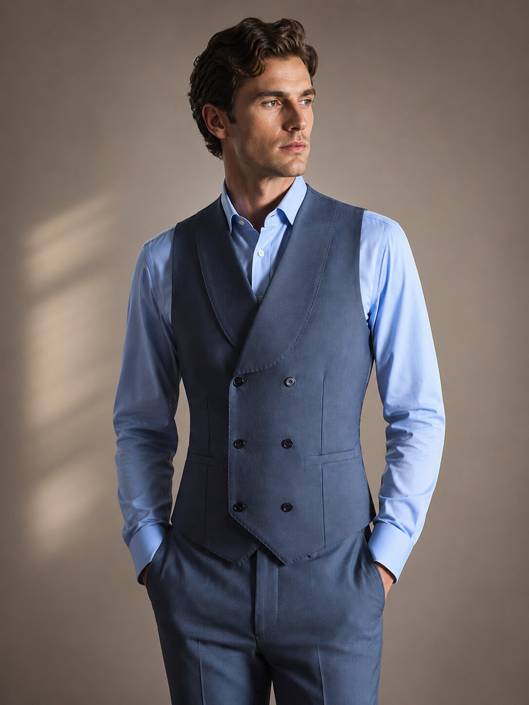 Wool Blend Stretch Dusty Blue Suit Vest