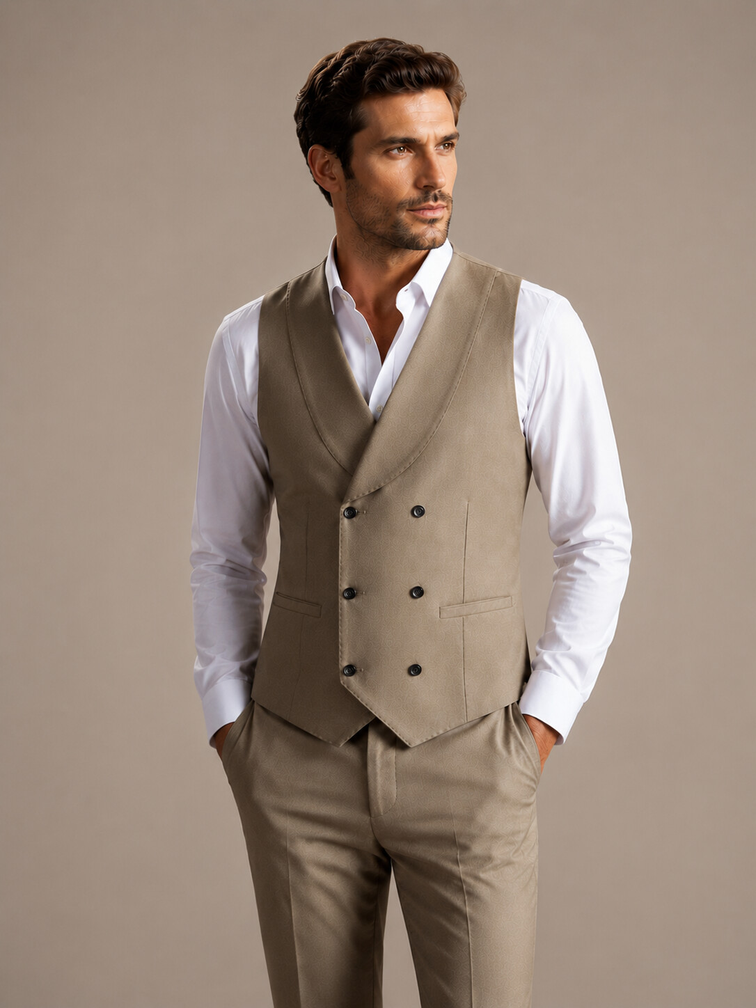 Wool Blend Stretch Light Taupe Suit Vest